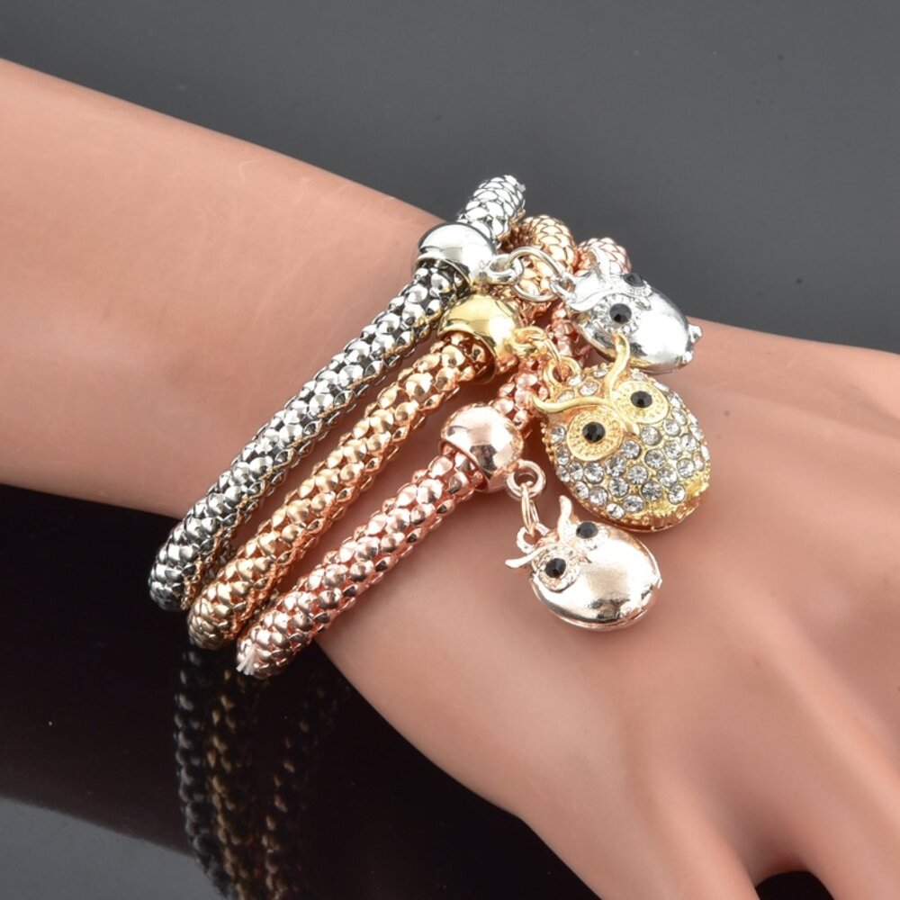 Tri-Tone Owl Charm Bracelet Set – Wise Sparkle Trio - Picture 7 of 15